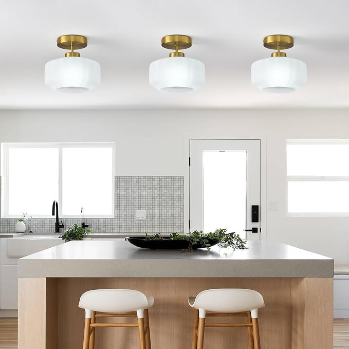 Industrial Gold Matte Light Fixtures Ceiling Mount, with Frosted Glass Shades Semi Flush Mount Ceiling Light, for Hallway Fixtures Kitchen, Foyer