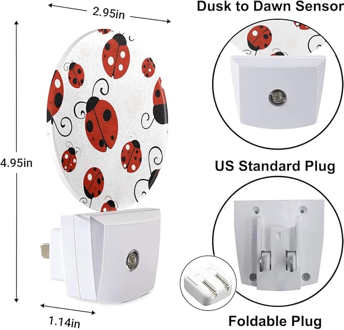 Plug-in Playful Ladybug Pattern Night Light Red Ladybugs with Polka Dots Night Lights Plug into Wall with Auto on/Off Sensor, 0.5W LED Nightlight for Bedroom Bathroom Kitchen Hallway