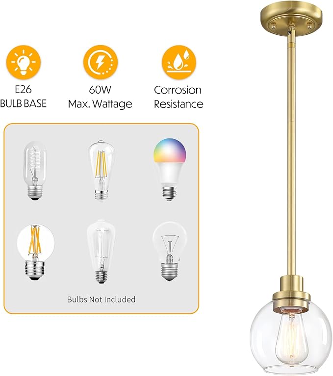 2 Pack Globe Pendant Light Gold Mid Century Modern Light Fixture, Clear Glass Pendant Lights Kitchen Island Pendant Lights Brushed Brass Finished with Clear Glass Lampshade