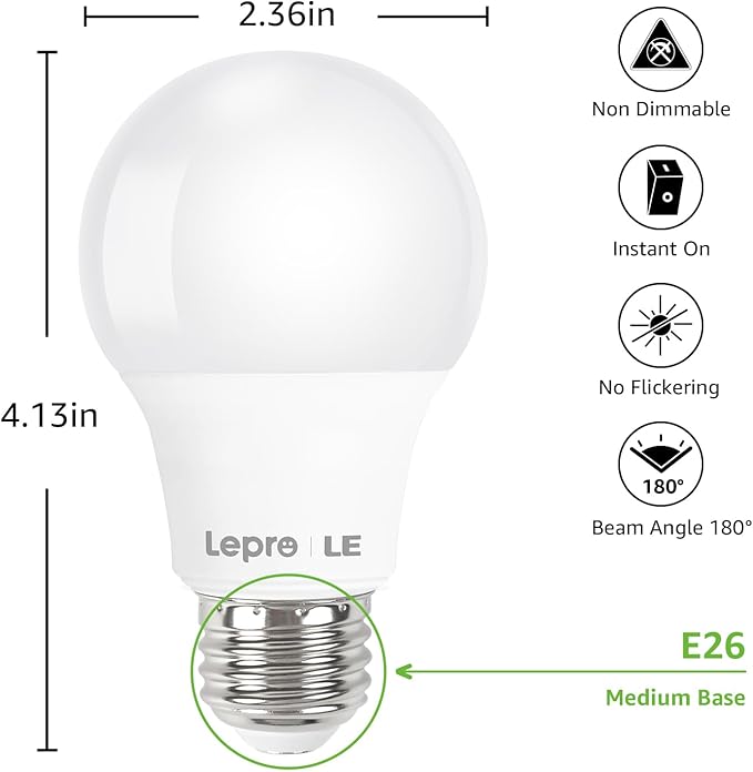 Lepro LED Light Bulbs 60 Watt Equivalent, 9W 800 Lumens Non-Dimmable, Daylight White 5000K, A19 E26 Standard Medium Base, 10000 Hour Lifetime 10 Count (Pack of 1)