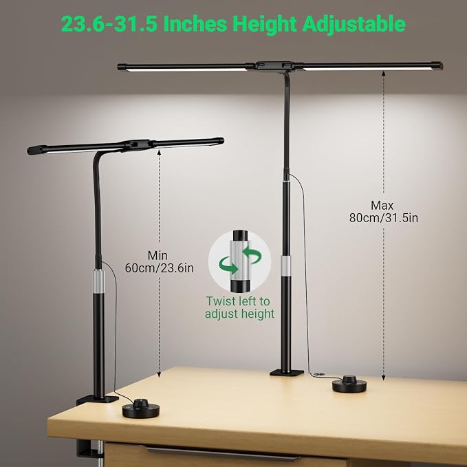 LED Desk Lamp with Clamp, 23.5-31.5 Inches, Black | 24W, 75 Lighting Modes, Flexible Neck Design, Telescopic Height, For Home Office Study Work Craft Paint