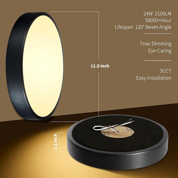 Flush Mount Ceiling Light Fixtures Black LED Dimmable 5CCT 12In 24W 3Pack | 2700K, 3000K, 3500K, 4000K, 5000K, Iron Construction, IP40, For Bathroom, Bedroom, Kitchen, Entryway, Closet & Hallway, ETL