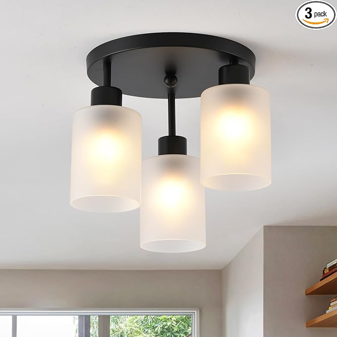 3-Light Industrial Farmhouse Black Matte Light Fixtures Ceiling Mount, with Frosted Glass Shades Semi Flush Mount Ceiling Light, for Hallway Fixtures Kitchen, Foyer
