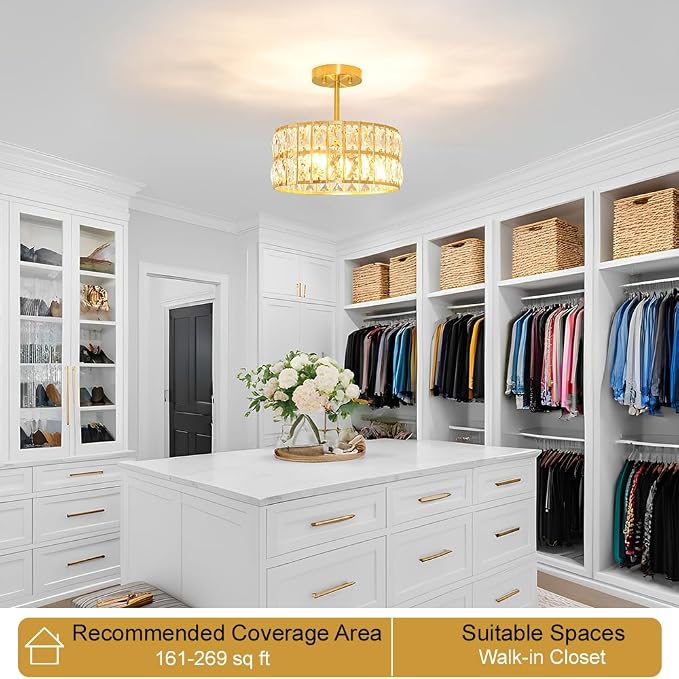 Brushed Gold Crystal Ceiling Light, Modern Semi Flush Mount Ceiling Lighting, Hallway Lighting Fixtures, Small Chandelier Light Fixture for Kitchen Entryway Bedroom Dining Room, 3-Light, 12 Inch