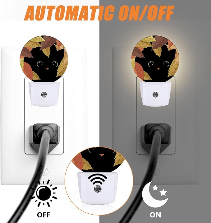 Maple Leaf Black Cat Night Light, Autumn Nightlight Plug into Wall LED Lamp Auto Sensor Dusk to Dawn for Bedrooms/Kitchens/Toilets/Corridors,Energy-Saving