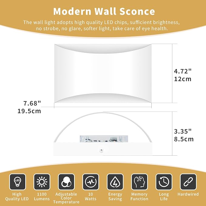 Black Modern LED Wall Sconce, 3 Colors Indoor Wall Lights, 10W Hardwired Up and Down Aluminum Wall Mount Lamp for Bedroom Living Room Hallway Corridor (White, 6 Pack)
