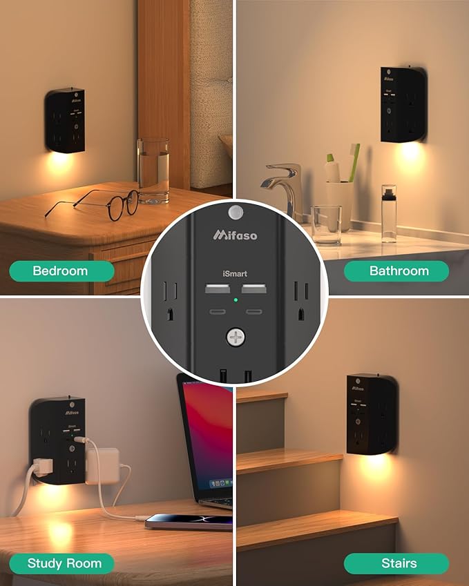 Surge Protector Outlet Extender with Night Light, 5-Outlet Splitter and 4 USB Ports (2 USB C Charger), Multi Plug Wall Outlet for Home, Dorm Room Essentials