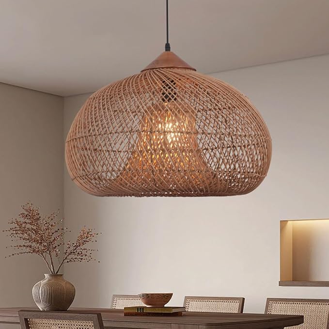 Large Oversized Bamboo Light 19.7inch Hand Woven Wicker Chandelier 1-Light E26 Base for Stairwell, Hallway, Entryway, Indoor Lighting