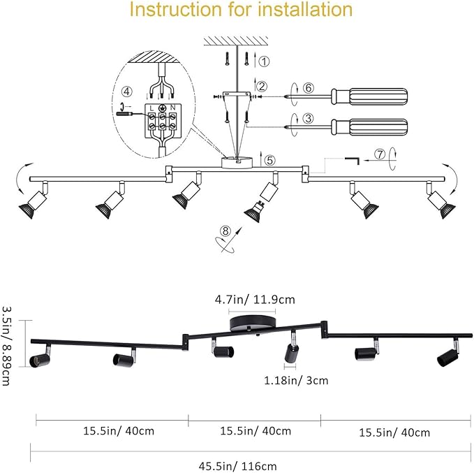 AIBOO 6-Light Adjustable Dimmable Track Lighting Kit, Flexible Foldable Arms, Matt Black Color Perfect for Kitchen,Hallyway Bed Room Lighting Fixture, GU10 Base Bulbs not Included