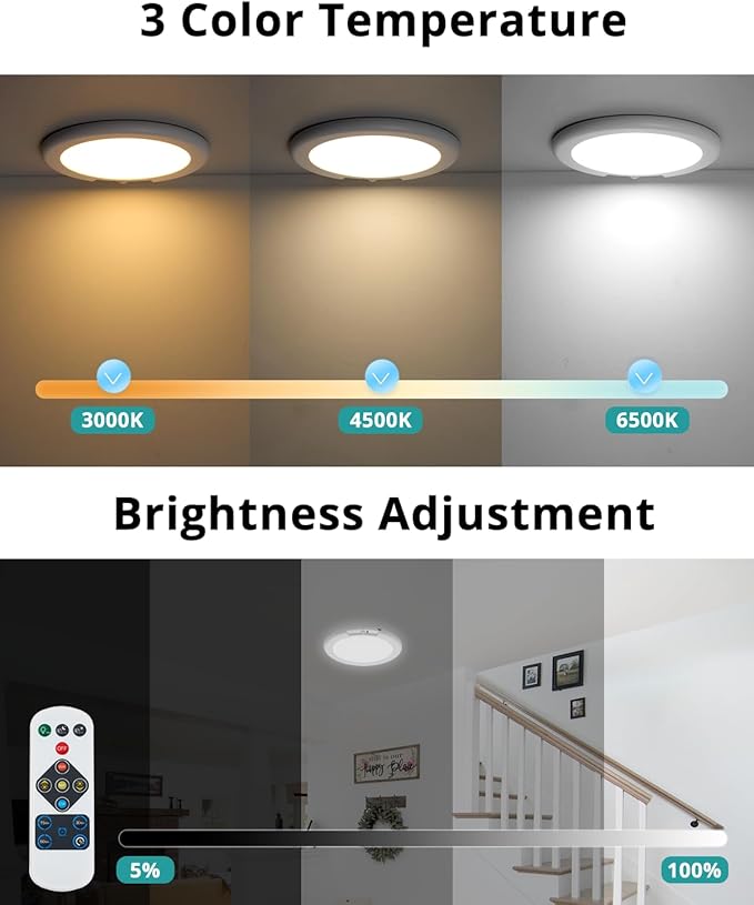 wowatt 4Pcs Battery Operated Ceiling Lights Rechargeable with Motion Sensor | Wireless Shower Light with Remote, 3000K 4500K 6500K 7.48", Dimmable Stick On Battery Light for Ceiling,Lámparas Recargables