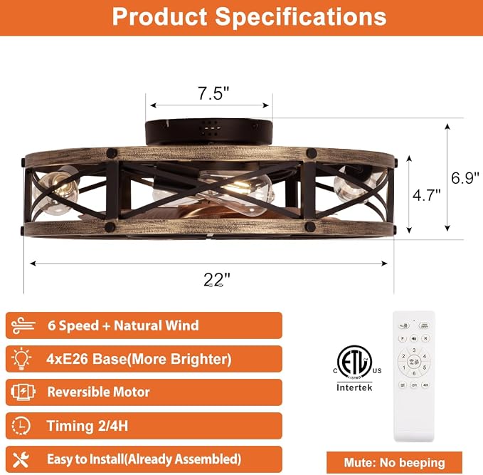 SHLUCE 22" Farmhouse Ceiling Fan with Light, Rustic Caged Bladeless Low Profile Ceiling Fans with Lights and Remote, Modern Flush Mount Ceiling Fans with Lights for Bedroom, Living Room - ETL