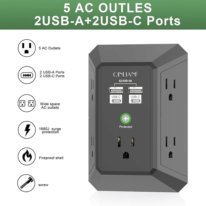 USB Wall Charger, Surge Protector, QINLIANF 5 Outlet Extender with 4 USB Charging Ports(2U2C) 3-Sided 1680J Power Strip Multi Plug Outlets Wall Adapter Spaced for Home Travel Office,Black