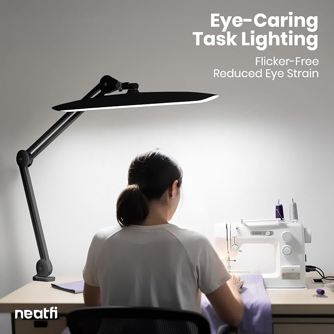 Neatfi XL 2200 Lumens 24W LED Desk Lamp – Shadow-Free Task Lighting | 4-Level Dimming | Home Office & Crafts Use | 20-Inch Wide Head (Black, Non-CCT with Clamp)