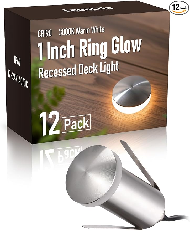 LEONLITE 12-Pack 3000K Recessed Low Voltage LED Deck Light, 360° Ring Glow | 1.3 Inch Mini Flush Mount, 12-24V AC/DC, 1W, In-Ground Light, IP67, Stainless Steel, for Deck Patio Garden Edge