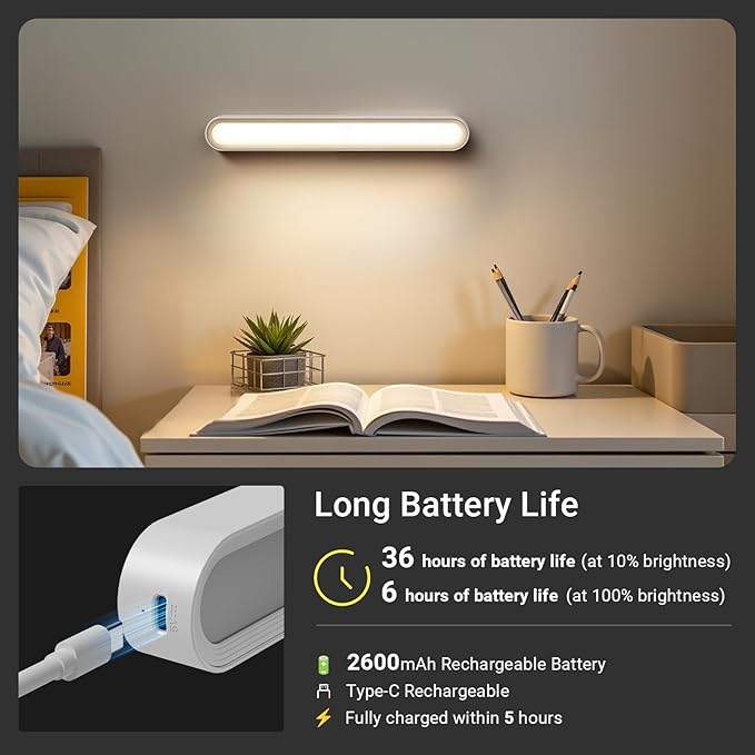 Rechargeable Magnetic Under Cabinet Lighting, 3 Colors Adjustable Mirror Lights with 50 LED, 2600mAh Battery Makeup, Touch Lights Bar for Closet Bathroom Kitchen Sink Picture