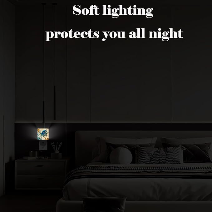 Octopus on Beach Night Light,Plug-in Night Lights with Dusk-to-Dawn Sensor for Stairway,Hallway,Bedroom Sleep Friendly Ideal for Women/Girls/Boys Gift,0.5w