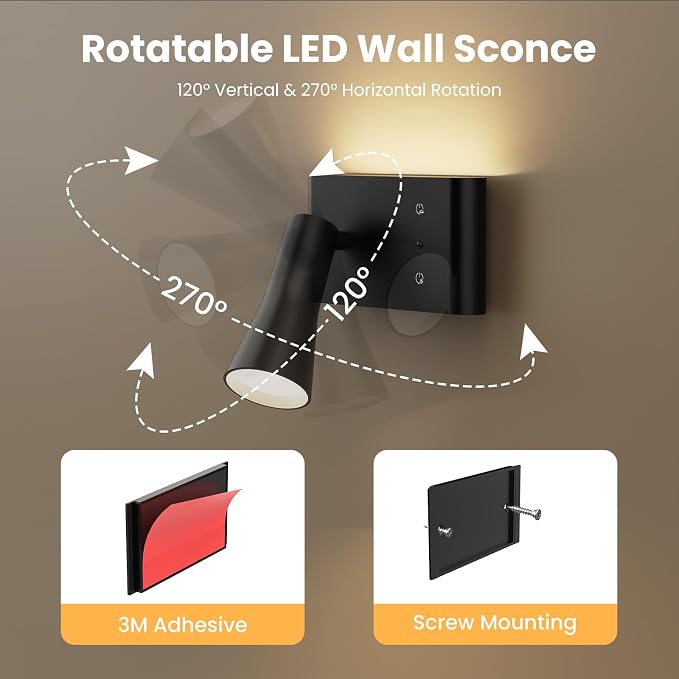 Wall Sconce Battery Operated Reading Lights, 10000mAh Rechargeable Wireless LED Wall Lights, 3 Color Temperatures Dimmable Bedside Lamps for Bedroom Living Room, 1 Pack