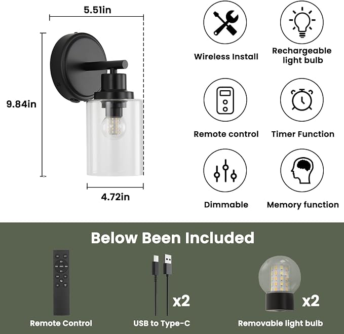 Black Rechargeable Wall Sconce Single, Bathroom Vanity Lights with Transparent glass Lampshade, Remote and Dimmable Bulb, Modern Farmhouse Lighting Fixtures for Bedrooms, Hallways, Living Room
