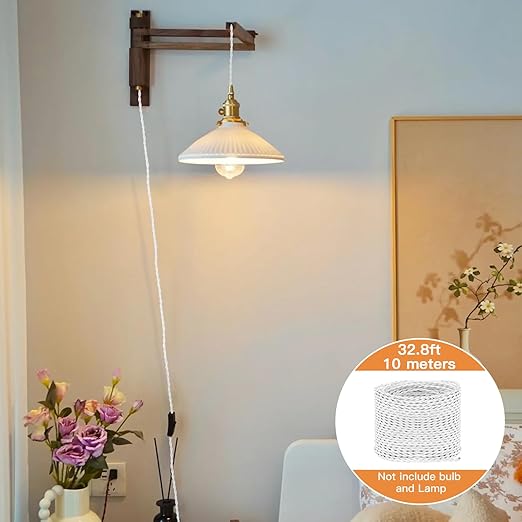 Helunsi 32.8ft Twisted Cloth Covered Wire, White 18/2 Cloth Covered Electrical Wire, 18 Wire Gauge 2-Conductor Fabric Covered Lamp Cord, Vintage Twisted Cloth Covered Wire, for DIY Projects (White)
