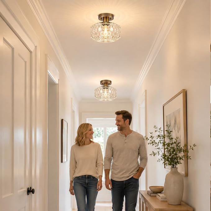 Brushed Antique Brass Semi Flush Mount Ceiling Light, Vintage Small Ceiling Light Fixture, Hallway Lighting Fixture with Hammered Glass, Kitchen Ceiling Mount Light for Entry Way, Bedroom, Bathroom