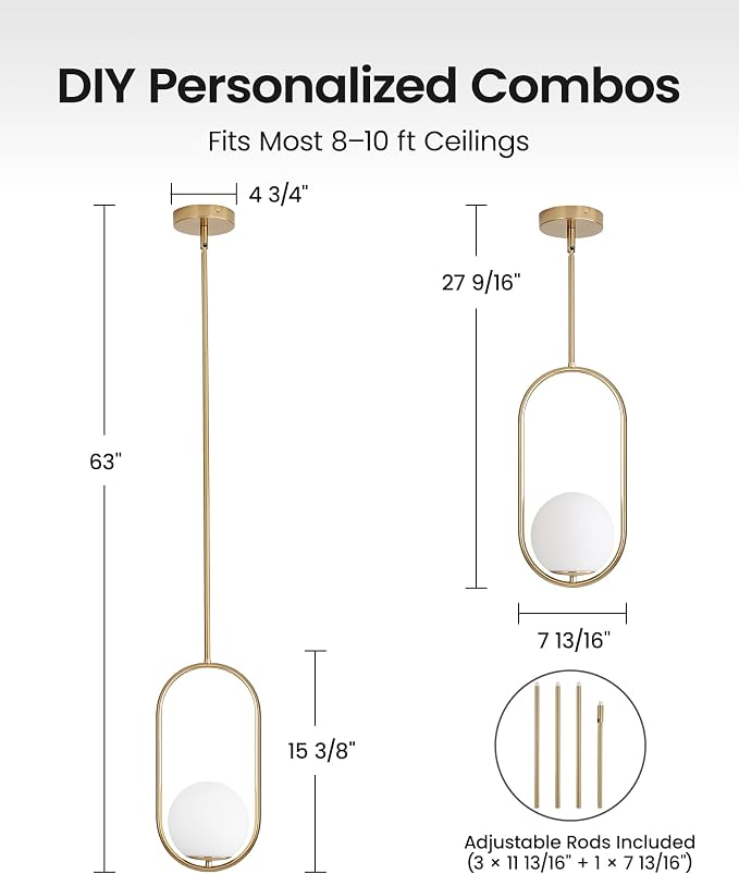 Yunnix Pendant Lights Kitchen Island, Pendant Light Fixtures, Modern Brushed Gold Globe Glass Pendant Lighting, Brass Mid Century Chandelier One Light for Bathroom Bedroom Dining Room