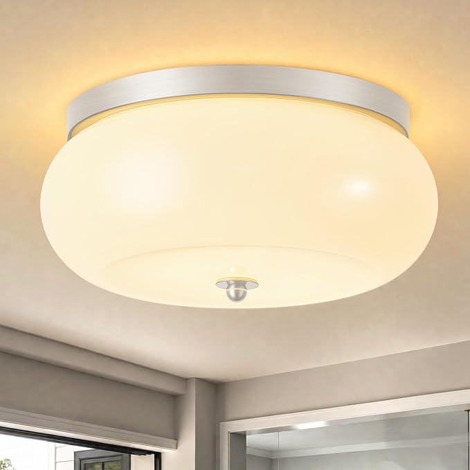 2-Light Brushed Nickel Ceiling Light,11.02in Milky White Glass Shade | Mid-Century Modern Metal Base, E26 Ceramic socket, Hallway, Kitchen, Bedroom, Bulb Not Included