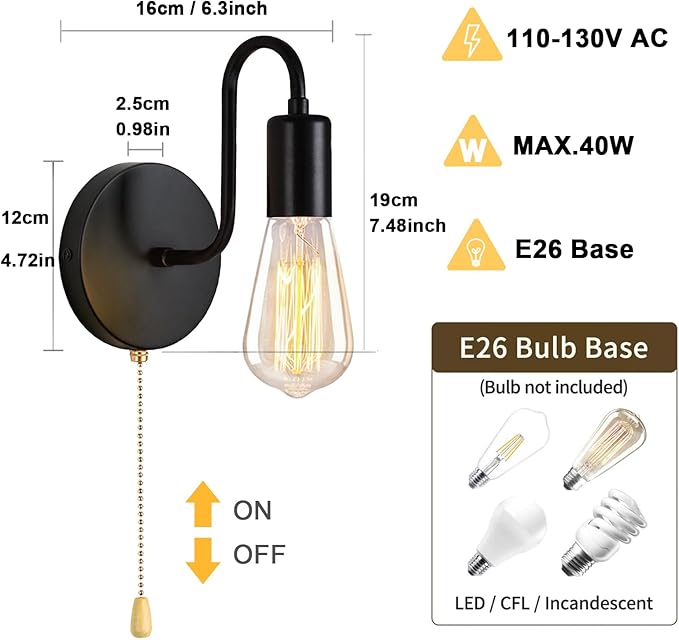 Hardwired Wall Sconce with Switch Set of Two, Small Wall Light Fixtures with Pull Chain, Black Metal Indoor Wall Lights E26 Edison Vintage for Kitchen Hallway