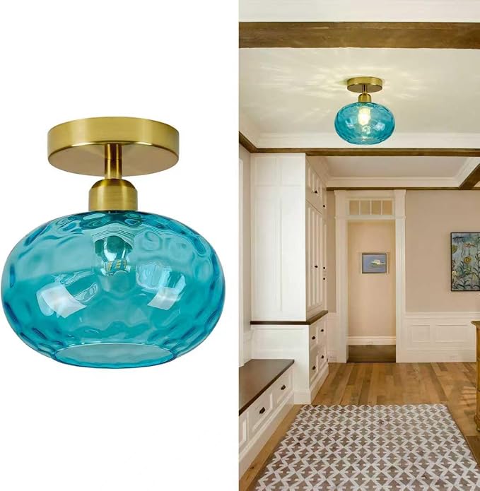 7.9″ Small Blue Semi Flush Mount Ceiling Light ,Blue Hallway Light Fixtures | Art Deco Hammered Glass,Whimsical,Vintage Gold Mid Century MCM Lighting for Closet Cottage Entryway Laundry Room Foyer