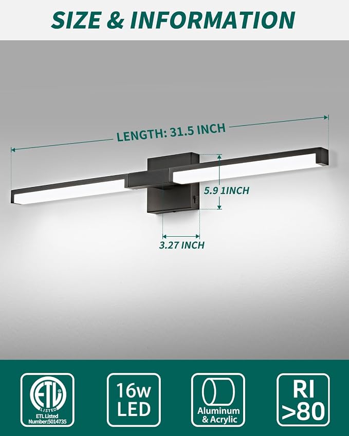 Modern Bathroom Light Fixtures Over Mirror, 32 Inch Matte Black Vanity Light Bar for Bathroom, 16W 5CCT Diammable Wall Light