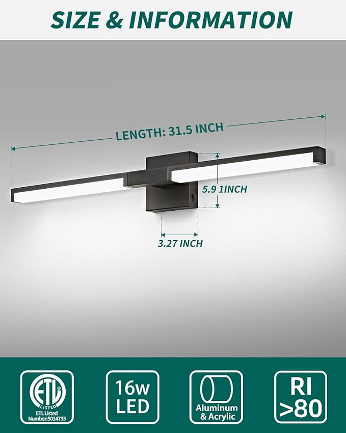Modern Bathroom Light Fixtures Over Mirror, 32 Inch Matte Black Vanity Light Bar for Bathroom, 16W 5CCT Diammable Wall Light - 2Pack