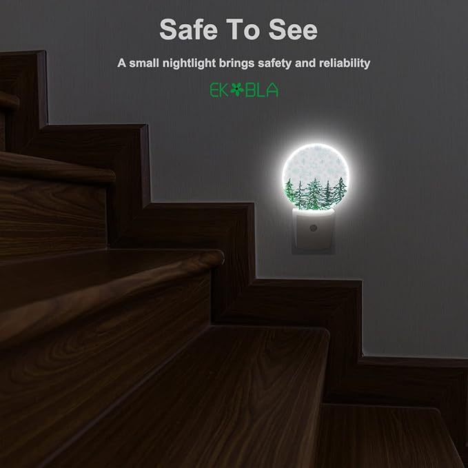 EKOBLA Winter Pine Trees Woodland Night Light Snow Falling Snowflakes Green Woods Plug-in Nightlights Auto Sensor LED for Men Women Boys Girls Christmas Holiday Gift