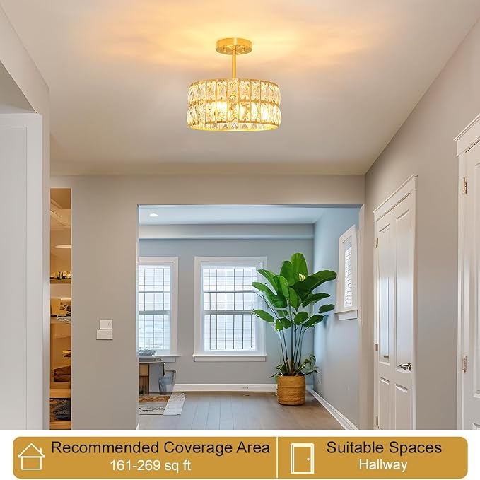 Brushed Gold Crystal Ceiling Light, Modern Semi Flush Mount Ceiling Lighting, Hallway Lighting Fixtures, Small Chandelier Light Fixture for Kitchen Entryway Bedroom Dining Room, 3-Light, 12 Inch