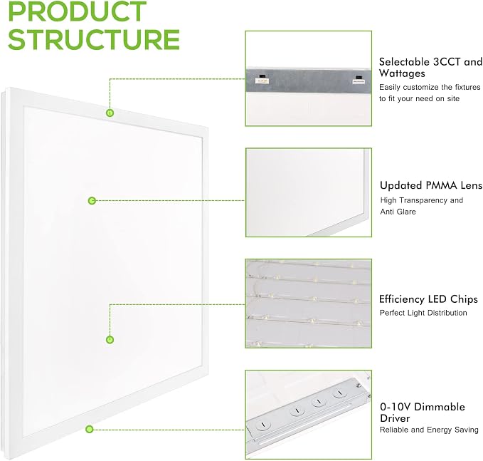 hykolity 2x2 LED Flat Panel Troffer Light,5CCT Dimmable,Drop Ceiling 2Pack | 30W-50W 5CCT 3000K-6500K Selectable 0-10V Dimmable Ultra Slim Recessed ETL Listed for Office Classroom Hospital Garage Retail