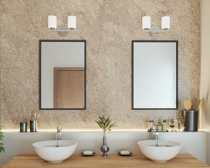 Progress Lighting 2-Light Bathroom Vanity Light, Modern Bath Lighting Fixture with Etched White Glass Shades for Over the Mirror, Reversible Mounting, Replay Collection, Textured Black