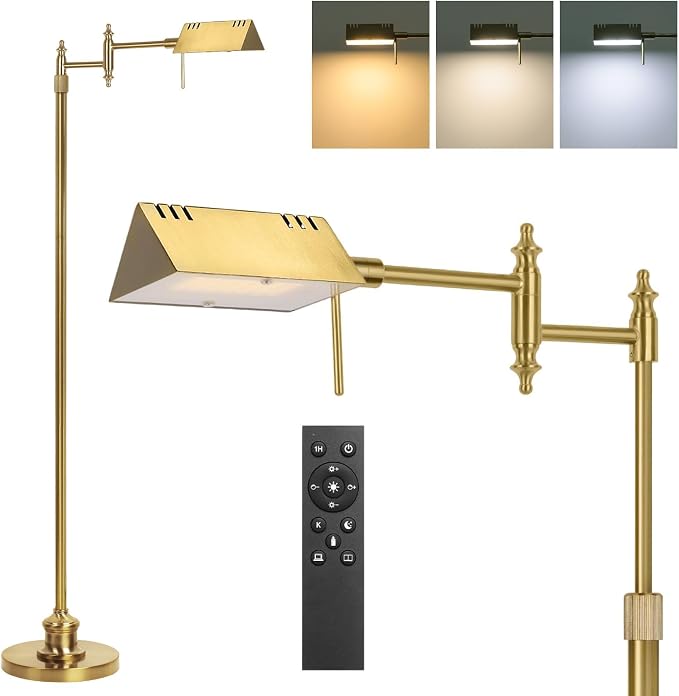 Bairth Gold Reading Floor Lamp, Dimmable Pharmacy Standing Lamp with Remote | 3 Color Temperature, Dimmable, 17W LED, Height Adjustable, 360°Swing Arm, for Living Room, Bedroom, Office, Craft & Sewing