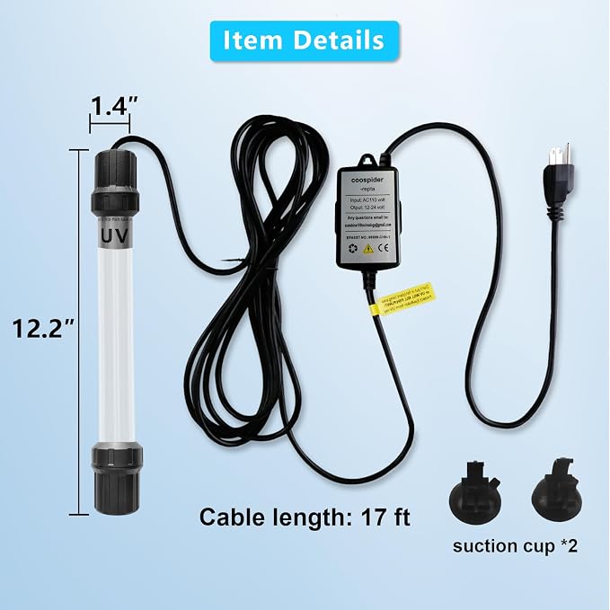 18W Aquarium UV Light for 100-1000 Gallon, UV Pond Water Clarifier for Koi Pond, Swimming Pool, Spa, Large Fish Tank, Cold Plunge UV Light for Pond Algae Control | UV Pond Water Clarifier for Koi Pond, Swimming Pool, Spa, Large Fish Tank, Cold Plunge U...