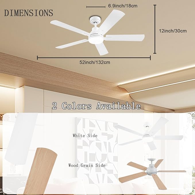 52 Inch Smart Ceiling Fan with Lights, Remote & App Control, DC Reversible Motor, 8 Speeds Quiet 35dB, 3CCT Dimmable LED, Low Profile Modern Ceiling Fans for Bedroom Living Room, White