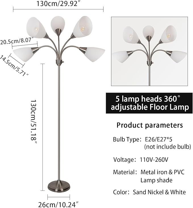 HonoDing Medusa Floor Lamps Standing Lamps 5 Heads Adjustable Reading Light Large Shade Use E26 A19 Bulb for Living Room Bedroom Satin Nickel