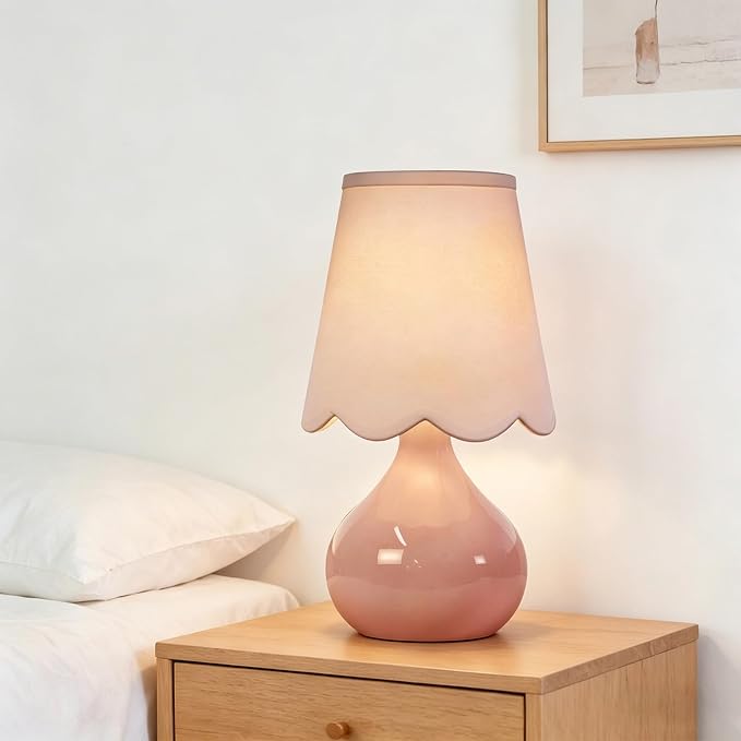 ILLMTW Pink Table Lamp Set of 2,Small Gold Bedside Lamps Dimmable Boho Bedroom Lamp with Tulip Flower Glass Lamp Shade,Vintage Mid Century Modern Mini Nightstand Lamp for Bedroom Living Room