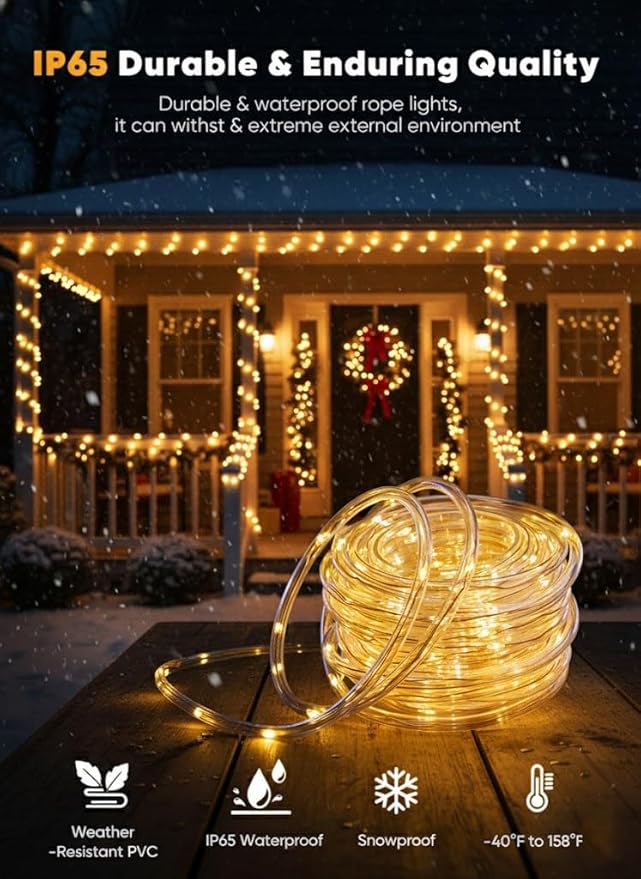 Solar Rope Lights Outdoor Waterproof, 39FT 100 LED Tube Lights with 8 Modes, Solar Powered String Lights for Garden Patio Yard Trees Fence Party Decor, Warm White