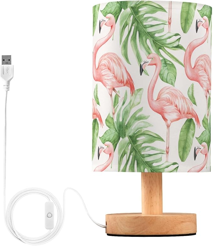 Light Pink Flamingos Tropical Leaves Bedside Table Lamps with USB Port for Bedroom Lamp Accent Table Lamp Small Nightstand Lamp Sturdy Linen Shade Wooden Decorative Lamps for Office Dorm Home