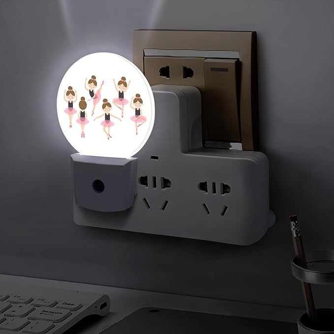Round LED Night Light,Cute Ballerina Girl Ballet LED Night Light Plug into Wall with Dusk to Dawn Light Sensor White Energy Efficient Nightlight for Bedroom Bathroom Hallway LivingRoom Kitchen