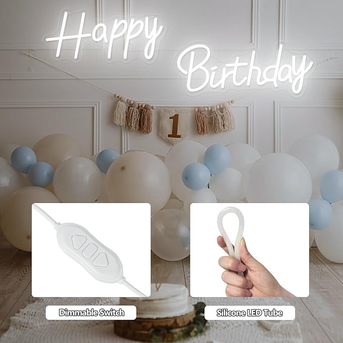 Happy Birthday Neon Sign, 14.2 X 6.6 and 16.7 X 6.5 Inch Large Happy Birthday Neon Light, Dimmable Neon Happy Birthday LED Signs, Birthday Light Up Sign Party Decoration for Home Club Bar Anniversary