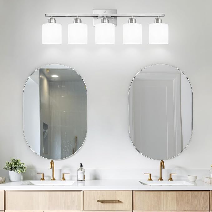 5 Light Bathroom Light Fixtures Brushed Nickel,Anti-Rust Finish Bathroom Vanity Light with Milky White Frosted Glass Shade for Mirror Bedroom Living Room E26 Base