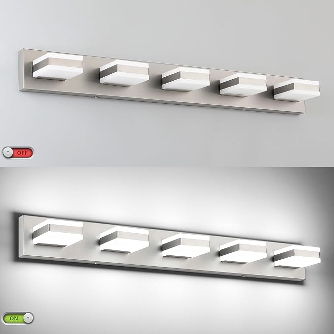 SOLFART 5 Light Bathroom Vanity Light, Brushed Nickel Vanity Lighting Fixtures Over Mirror, Modern LED Lights for Bathroom Cool Light 6000K