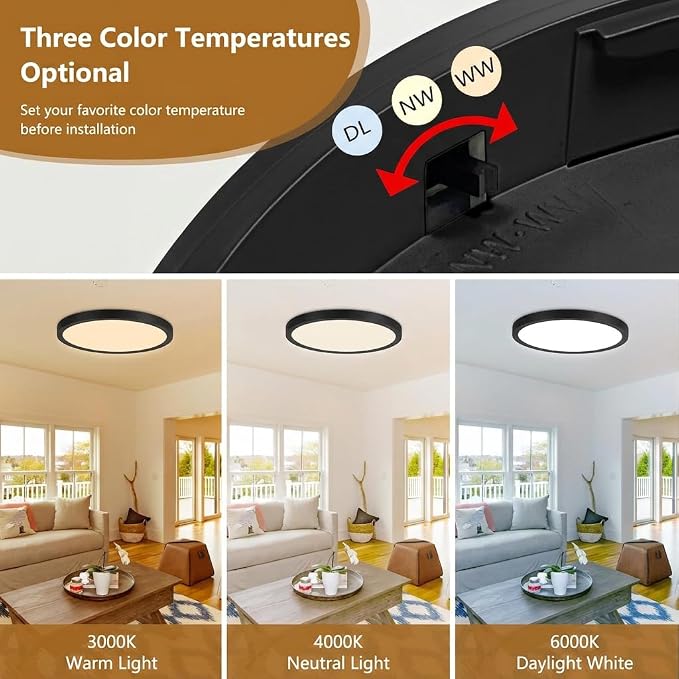 6PK 9 Inch LED Flush Mount Ceiling Light, 18W, 1860LM, 3000K/4000K/6000K CCT Selectable,Super Slim LED Ceiling Light Fixtures, Low Profile Round Flat Panel Light for Bedroom,Kitchen,Hallway,Black