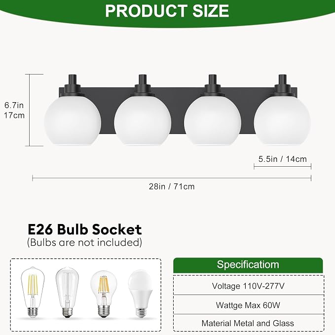 IZORRO Bathroom Light Fixtures, 4-Light Matte Black Vanity Light, Modern Wall Sconces with Globe Milk White Glass Shade, Vanity Lighting Fixtures Over Mirror,E26 Bulb Socket