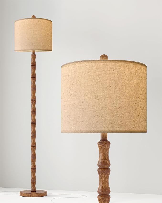 62" Farmhouse Floor Lamp for Living Room, Rustic Standing Lamp with Linen Shade and Rotary Switch, Resin Corner Floor Lamp for Bedroom, Dining Room, Office, Home Decor, Wood Grain
