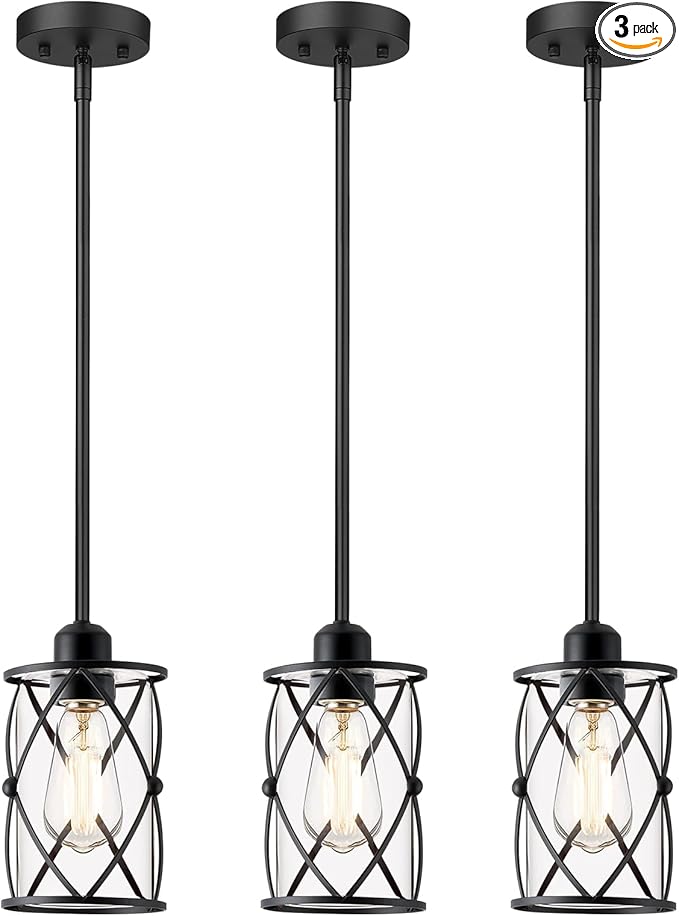 Glass Pendant Lights Kitchen Island 3 Pack, Black Kitchen Pendant Lighting Over Island with Rod, Modern Mini Hanging Light for Sink Dining Room, CH9176BK-3PK