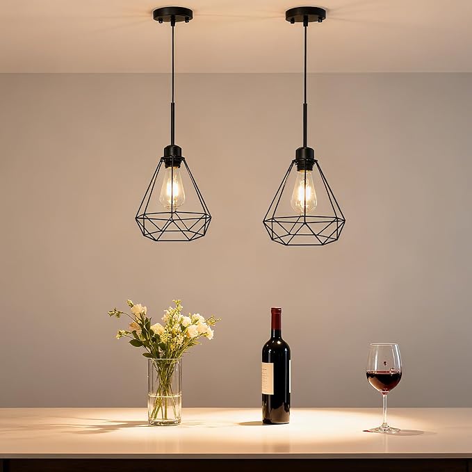 Maliralt Pendant Light Hanging Lights Fixture - Black Industrial Hanging Lamps with Metal Diamond Shade for Kitchen Island, Dining Room Over Table, Breakfast Corner, Farmhouse Home Decor - 2 Pack